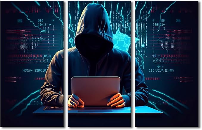 TUMOVO 3 Pieces Canvas Wall Art Canvas Print Hacker Malware Modern Home Decor Big Data Painting Hacker Artwork Stretched and Framed Ready to Hang Posters and Prints, 60" Wx40 H