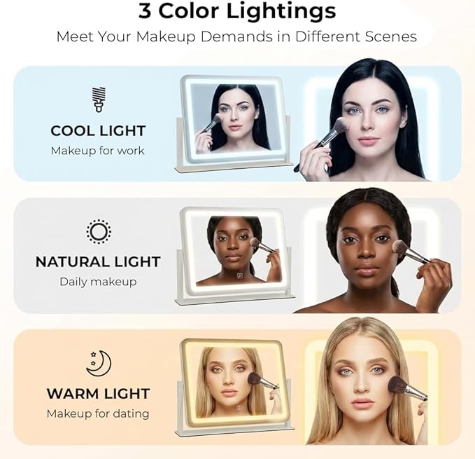 Vanity Mirror with Lights, 17''x22'' Lighted Makeup Mirror, LED Makeup Mirror, Smart Touch with 3-Color Lighting Modes, Dimmable, for Bedroom Tabletop - White
