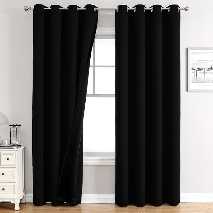 ChrisDowa 100% Blackout Curtains 102 inch Long for Bedroom with Black Liner, 2 Thick Layers Total Blackout Thermal Insulated Grommet Window Curtains 2 Panels Set (Black, 52 x 102 Inch)