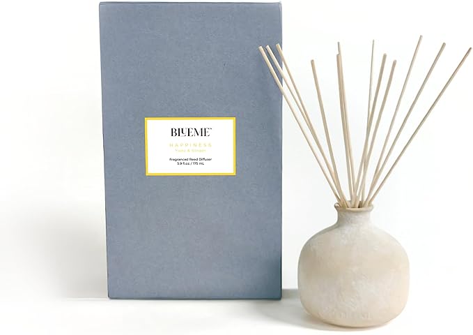 Blueme Happiness Diffuser | Yuzu & Ginger | 5.92 Fl Oz - Refillable Wellness Diffuser, Contains Essential Oil, Sustainable, Hand Finished, Premium, Luxury Ceramic, Natural Rattan Reeds, | Small