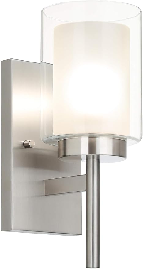 XiNBEi Lighting Bath Sconce Vanity Light, Modern Indoor 1 Light Wall Light Fixture with Dual Glass Shade Brushed Nickel Finish XB-W1276-1-BN