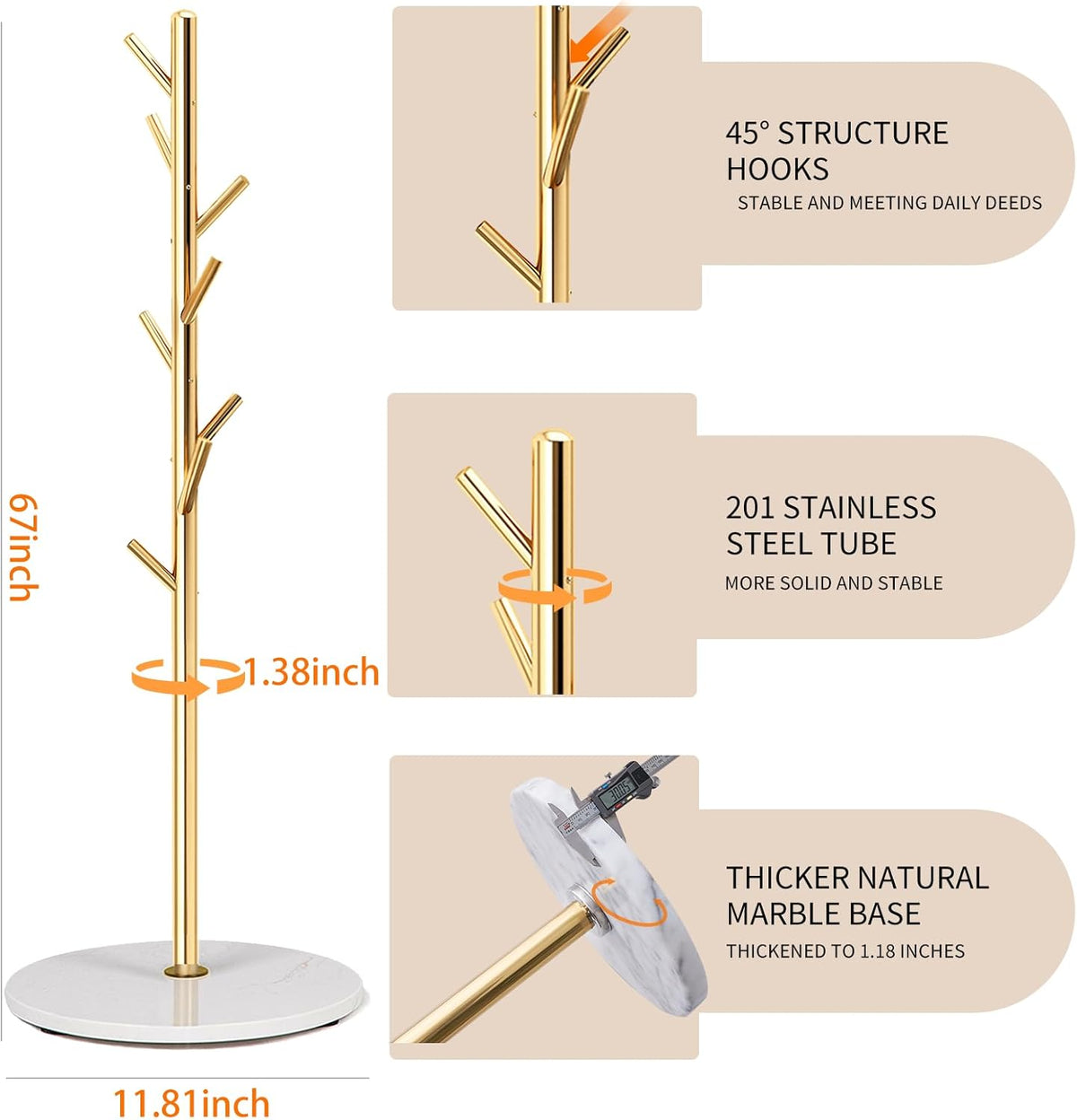 Coat Rack Stand with Natural Marble Base, Metal Freestanding Coat Rack, Modern Golden Coat Racks with 8 Hooks, Golden Standing Coat Hall Tree Hanger Stand for Scarf, Bag, Jacket