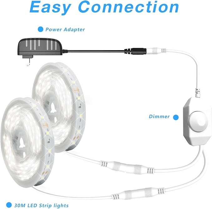 DAYBETTER White LED Strip Light, 100 ft Dimmable Strip, 6500K 24V Lighting Strips, 1800 LEDs 2835 Tape Lights for Bedroom, Kitchen, Mirror, Home Decoration(2 Rolls of 50 ft)