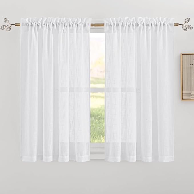 RYB HOME Short White Linen Curtains 45 inches Long, Cortinas para Cuarto Semi Sheer Curtains Rod Pocket Bedroom Kitchen Bathroom Window, White, W 52 x L 45, Set of 2