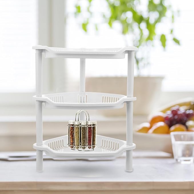 Cabilock 3-Tier Plastic Storage Rack Small Shelves Organizer for Bathroom Kitchen Desk Corner Shelf Stand No-Tool Assembly Compact Space Saving 13.38X11.02X8.26 Inches