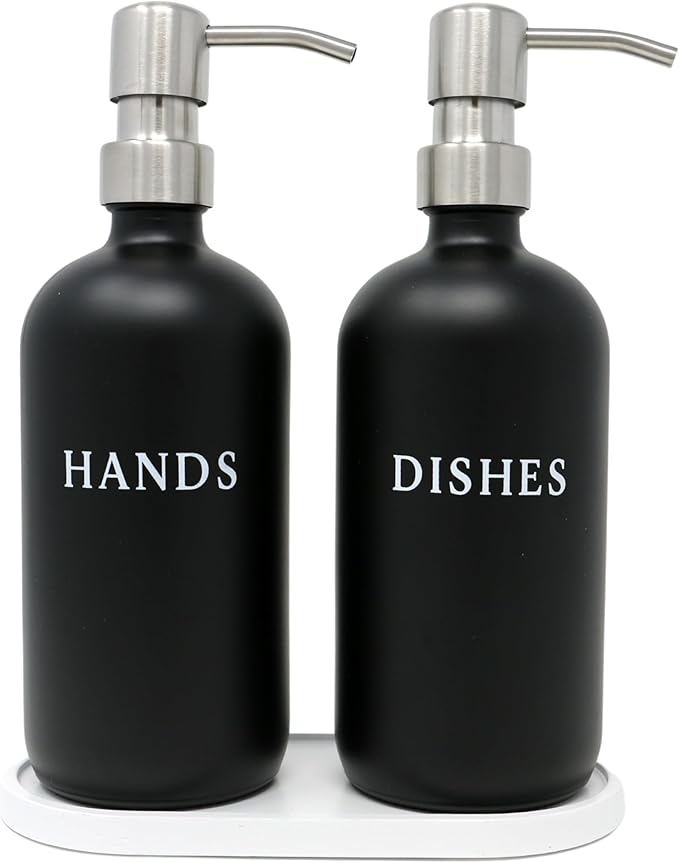 Black Glass Hand and Dish Soap Dispenser Set with Bamboo Tray – 16 oz Kitchen Soap Dispenser Set, Stainless Steel Pumps, Silicone Funnel – Modern Farmhouse Kitchen Sink Decor and Accessories