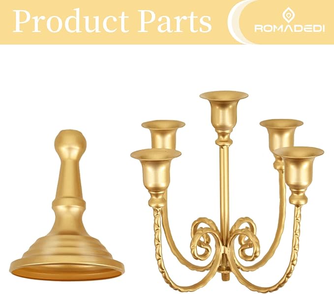 Romadedi Candelabra Gold Candle Holders - 5 Arm 11.8" Wedding Candlestick Holder for Theme Party Table Centrepiece Decor Dining Room Birthday Holiday Christmas