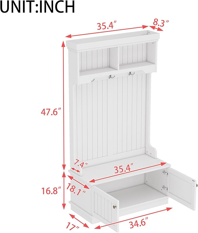 Modern Hall Tree with Storage Shoe Bench, 4-in-1 Design Coat Racks with Shoe Bench and Hooks, Multifunctional Hall Tree for Living Room, Entryway and Hallway (White/44f)