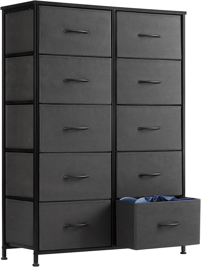 DUMOS Dresser for Bedroom, 10 Storage Drawers, Wide Fabric Closet Chests Organizer Tower Furniture with Wooden Top Metal Frame for Clothes, Guest Room, Living Room, Hallway, Entryway