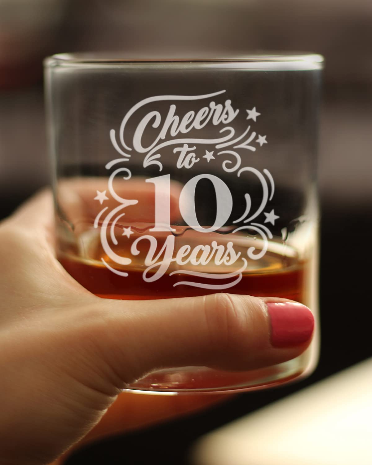 Bevvee Cheers to 10 Years - Whiskey Rocks Glass Gifts for Women & Men - 10th Anniversary Party Decor - 10.25 Oz Glass