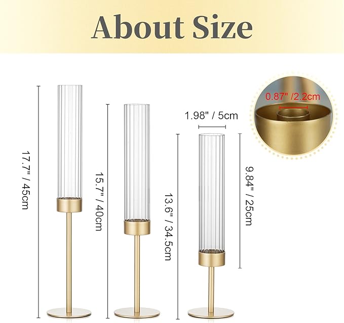 Hewory Gold Hurricane Candle Holders: Brass Candlestick Holders Set of 3 Tall Taper Candle Holders for Candlesticks Candle Sticks Holder Decor for Table Centerpiece Wedding Party Christmas Decorations