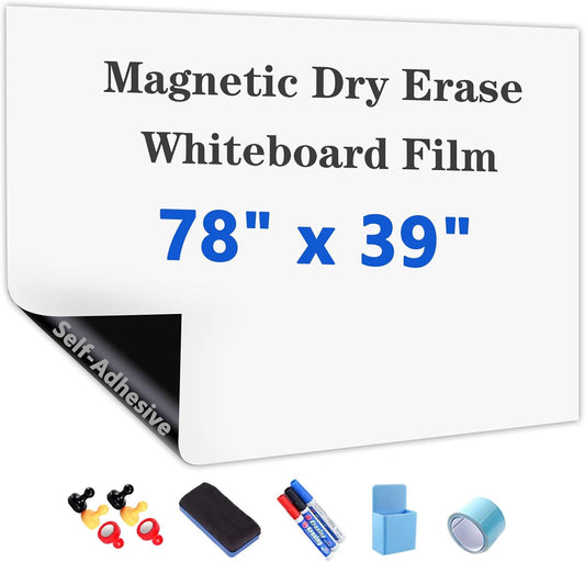 Magnetic Dry Erase Whiteboard Paper with Adhesive, 78" x 39" White Board Film for Wall, Easy to Write and Clean Dry Erase Board for Office, Classroom, Home, Include Marker, Magnetic Eraser and Magnets
