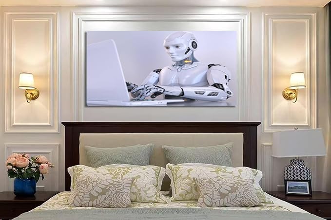 Wibinuki Wall Art Wall Decor Wall Paintings Robot working laptop for Living Room Bedroom Bathroom Home Decor Can Be Hung Directly 20"x 40"