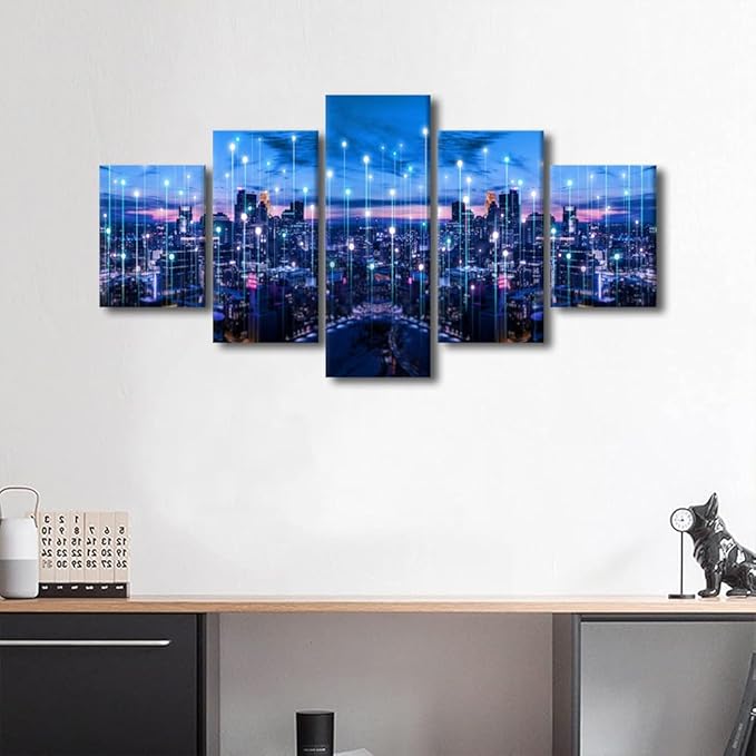 Canvas Wall Art-Bangkok Lighting City 5 Panel Urban Skyline Poster Sense of Technology Picture Futuristic Communication Technology Wall Artwork Internet Companies Meeting Room Decor 60x32 Inch