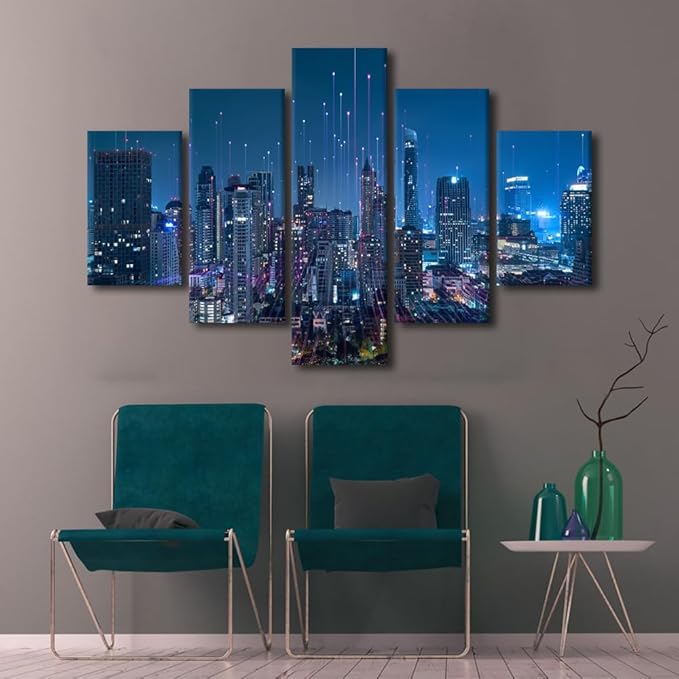 Modern City Poster Canvas Art 5 Panel Home Wall Decor Abstract Point Poster Communication Network Picture Connection Concept Picture Internet Workers Office Decor Frame Ready to Hang 60x40 Inch