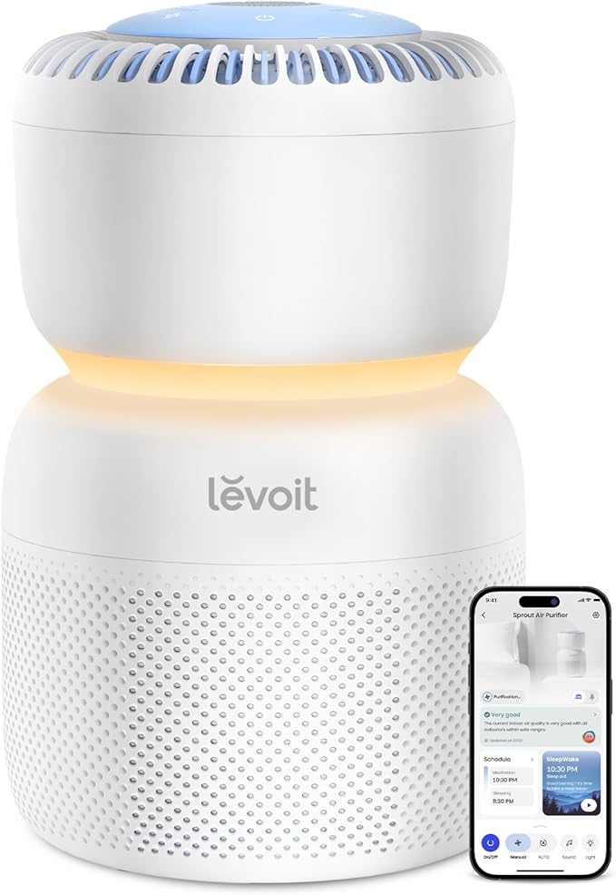 LEVOIT Air Purifier for Home Bedroom with HEPA Filter, White Noise Sound Machine and Blue Light-Free Night Light Support Better Sleep, AHAM VERIFIDE, 5 Air Quality Monitor, Smart WiFi, Sprout