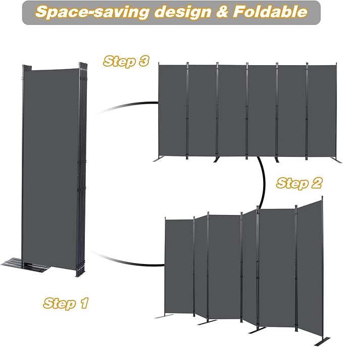 Room Divider, 6 Panel Folding Privacy Screens with Wider Support Feet, 6 Ft Portable Room Partition for Room Separator, 132" W X 71" H, Grey