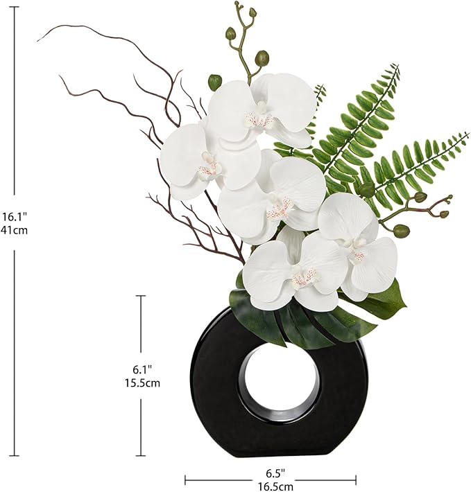 Briful Orchid Fake Flowers 16.1'' White Artificial Orchid Silk Flowers in Black Pot Faux Orchid Arrangement for Home Office Desk Modern Decoration
