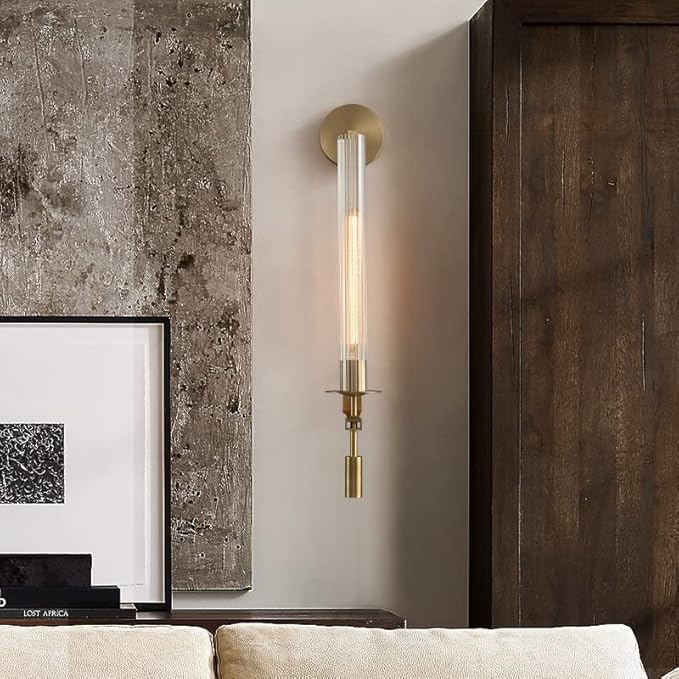 LIGHTLAND Gold Wall Sconce, 28 Inch Modern Metal Glass Wall Light Fixture, Wall Lamp for Living Room Bedroom Hallway (Pack of 1)