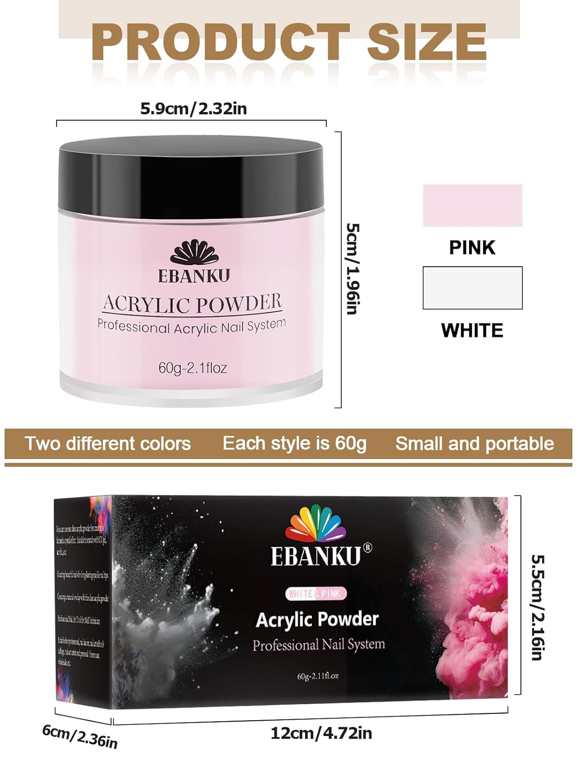 EBANKU Acrylic Nail Powder Set, 2 Colors Pink White Acrylic Powder Professional Nail Acrylic Powder for Nail Acrylic Extension, Nail Carving, Long-Lasting, No Nail Lamp Needed, 2.1 oz