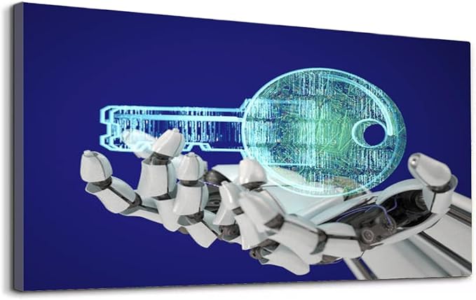 Wibinuki Wall Art Wall Decor Wall Paintings Unlock a New Technology Robot's Hand Holding a Key for Living Room Bedroom Bathroom Home Decor Can Be Hung Directly 20"x 40"