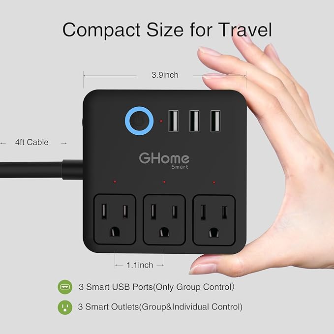 GHome Smart Power Strip Surge Protector 10A, Smart Plug that Works with Alexa & Google Home, 6 in 1 WiFi Outlets with APP Control, Black Extension Cord 2.4G WiFi Only, ETL FCC Listed, No Hub Needed