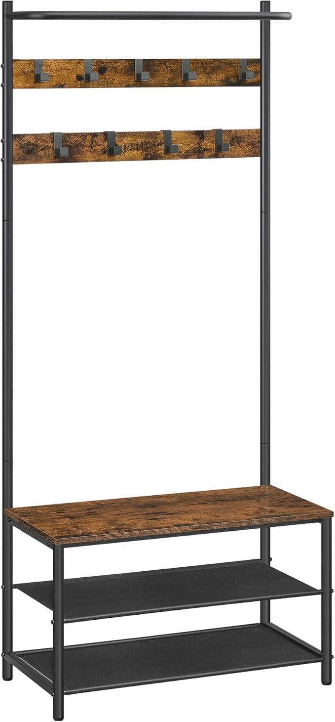 VASAGLE Hall Tree with Bench and Shoe Storage, Entryway Bench with Coat Rack Stand and Shoe Rack, 9 Movable Hooks, Top Bar, Fabric Shelves, Industrial, Rustic Brown and Black UHSR411B01