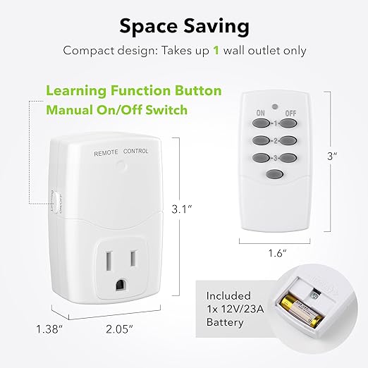 BN-LINK Mini Wireless Remote Control Outlet Switch Power Plug in for Household Appliances, Wireless Remote Light Switch, LED Light Bulbs, White (1 Remote + 3 Outlet) 1250W/10A