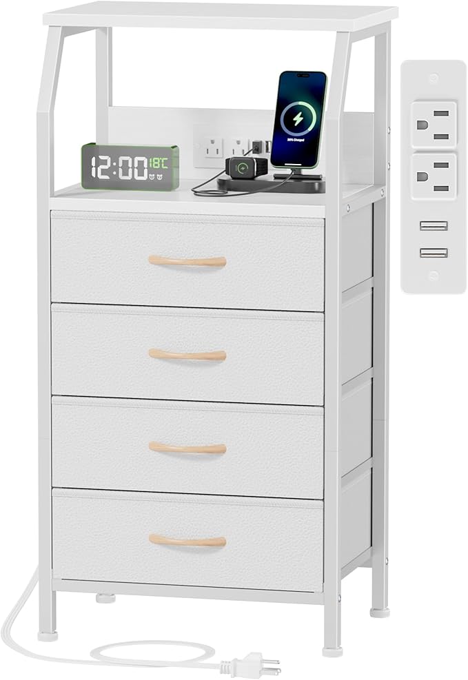Furnulem Night Stand with Charging Station, Dresser with PVC & Fabric Drawers, 33.3 Inch Side Table with Open Shelf, Tall Bedside Table for Closet, Entryway, Bedroom Furniture, 3 Ways to Use, White