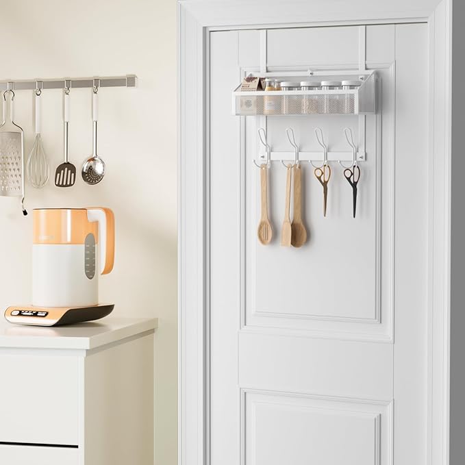 Over The Door Hooks Organizer, Back of Door Organizer with 12 Coat Hooks & Mesh Baskets Over The Door Towel Rack Door Hanger Storage Rack for Bathroom,Kitchen,Bedroom(White)
