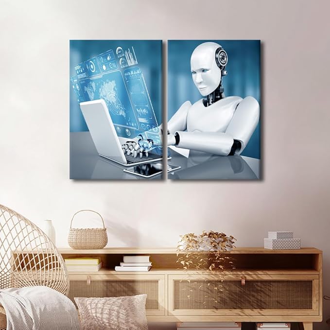 Canvas Print Robot Wall Art AI Intelligence Painting for Home Decor 3 Pieces Big Data Analysis Paintings Modern Giclee Stretched and Framed Artwork for Living Room Decor, 24" Wx16 H