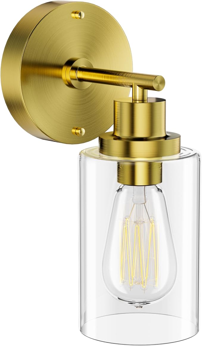 GORDNWE 1-Light Bathroom Wall Sconce, Brushed Gold Vanity Light, Modern Wall Light Fixture with Clear Glass Shade and E26 Bulb Base, Wall Lamp Wall Mount Light Fixtures for Mirror, Bedroom, Hallway