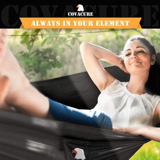 Covacure Camping Hammock - 772lbs Capacity Double Hammock with Tree Straps, Lightweight Parachute Nylon Outdoor Survival Gear for Hiking, Backpacking, Travel or Backyard (Black)