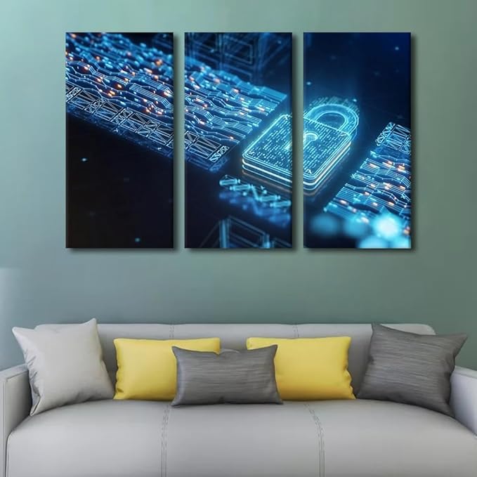 TUMOVO 3 Panel Canvas Wall Art Cybersecurity and Privacy Concepts to Protect Data Posters Modern Canvas Print for Living Room Bedroom Wall Decoration Wooden Framed Ready to Hang, 60" Wx40 H