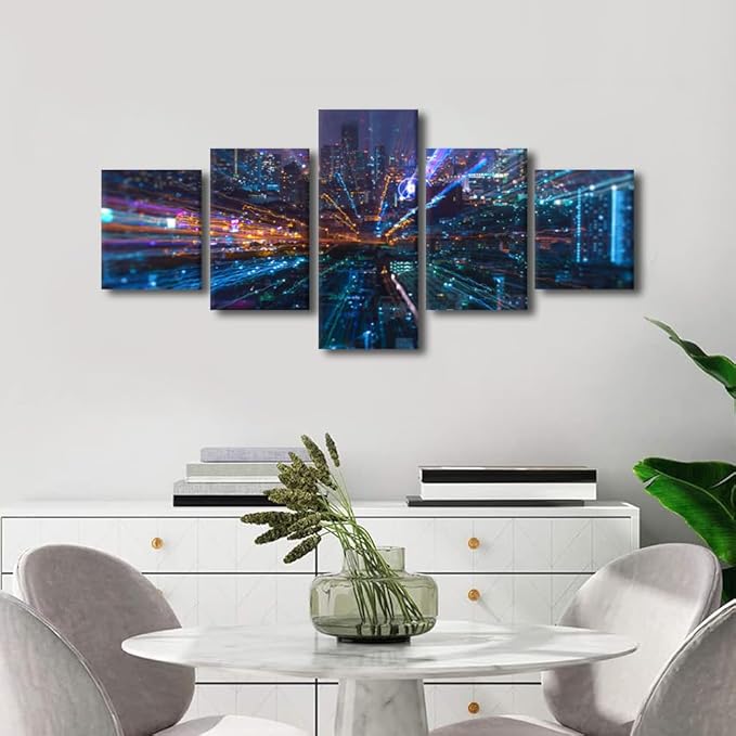 Canvas Wall Art Smart City Home Decoration 5 Panel Big Data Connection Technology Poster Communication Company Wall Decor Office Canvas Art Decorate Frame and Stretched Ready to Hang 50x24 Inch