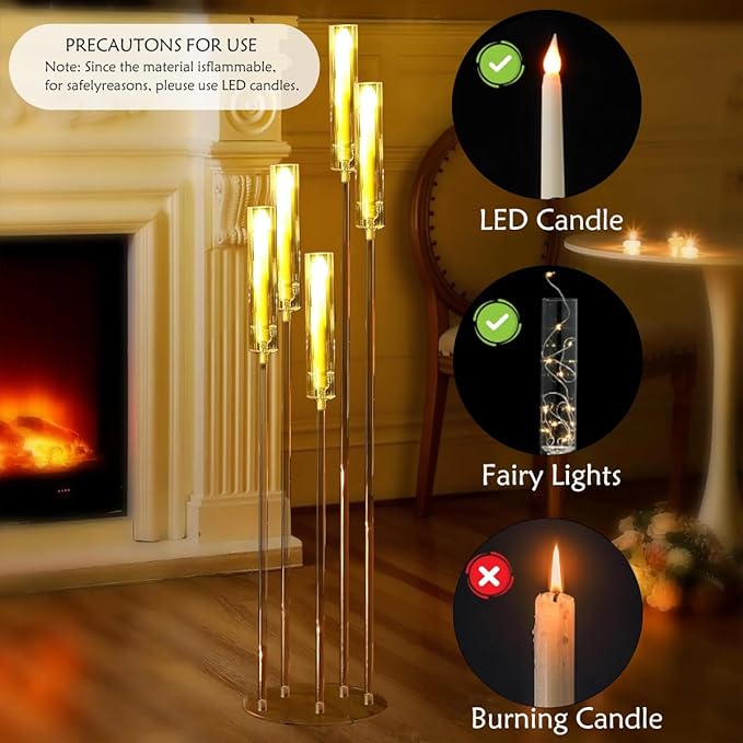 20pcs 5 Arm Candelabra Acrylic Floor Candelabra for Wedding,45.7inch Tall Clear Candle Holders for Ceremony Birthday Party Home Decoration Fit 0.8 LED Candles