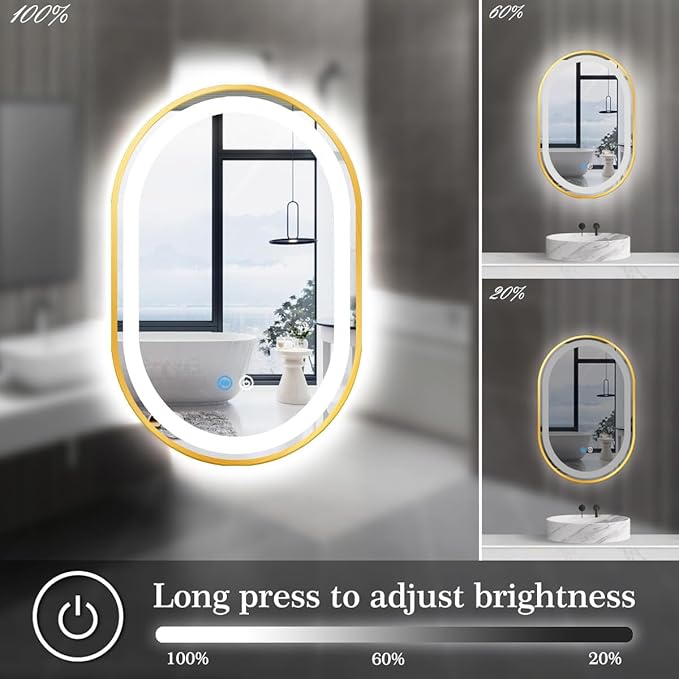 16 x 24 Inch Gold Oval LED Vanity Mirror with Lights Smart Memory 3 Color Dimmable Anti-Fog 24 Inch Gold Frame Oval Lighted Mirror for Bathroom Wall LED Ovals Mirror with Lights Golden Frame
