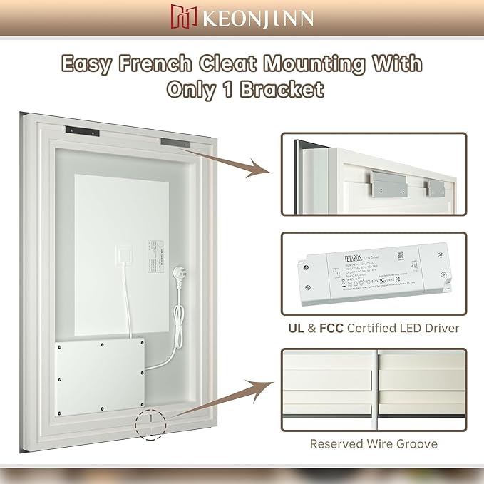 Keonjinn LED Bathroom Mirror 48 x 36 in with Backlit and Front Lights, Stepless 3 Colors Temperature & Dimmable Wall Mirror, UL Listed LED Driver, Tempered Glass Double Lighted Bathroom Vanity Mirror