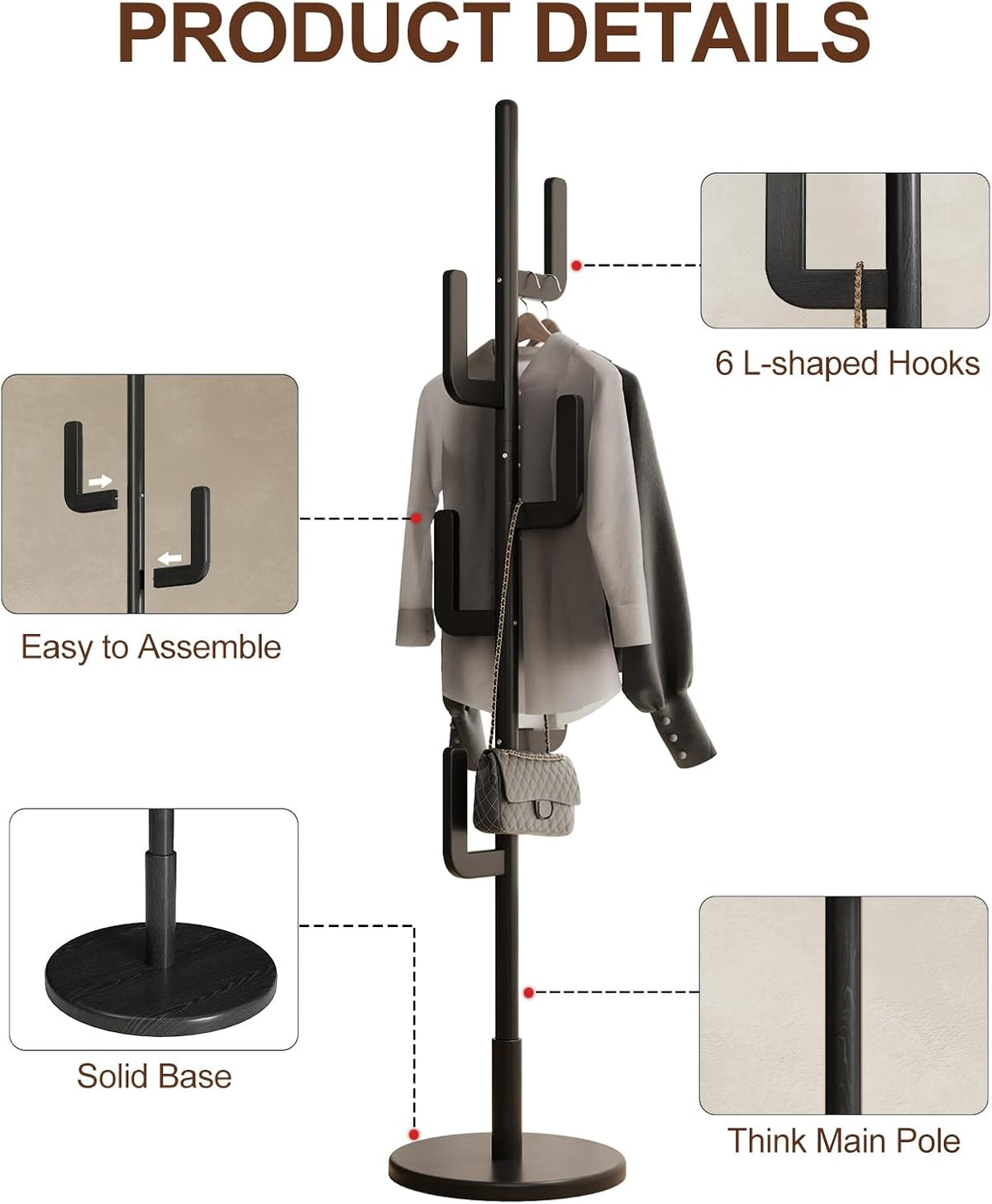Solid Wood Cactus Coat Rack, Freestanding Coat Rack With 6 L-Shaped Hooks and 3 Adjustable Sizes, Coat Tree for Bedroom, Entryway, Livingroom, Coat Hanger Stand for Coats, Handbags (Black)