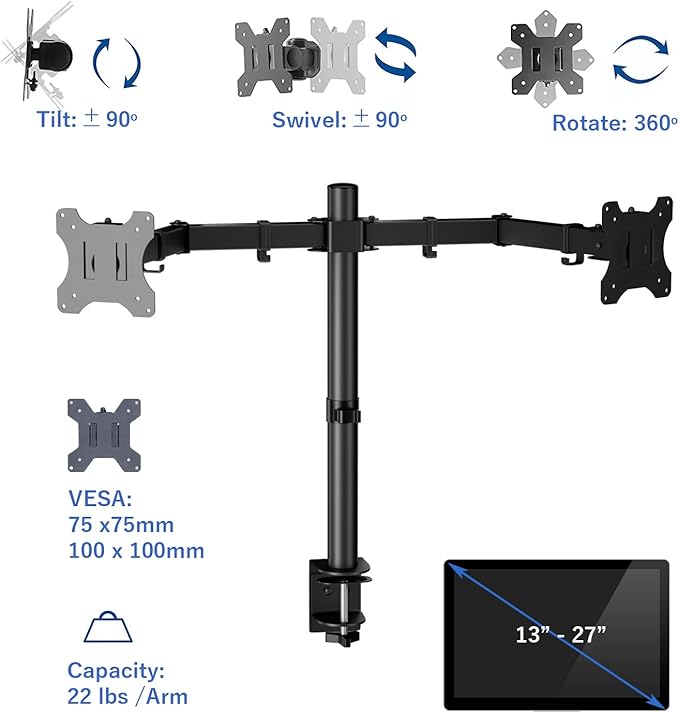 AEONS Dual Monitor Desk Mount Stand, Adjustable Dual Arm Mount fits up to 32 inch LCD Screen with VESA, Clamp and Cable Management, Black