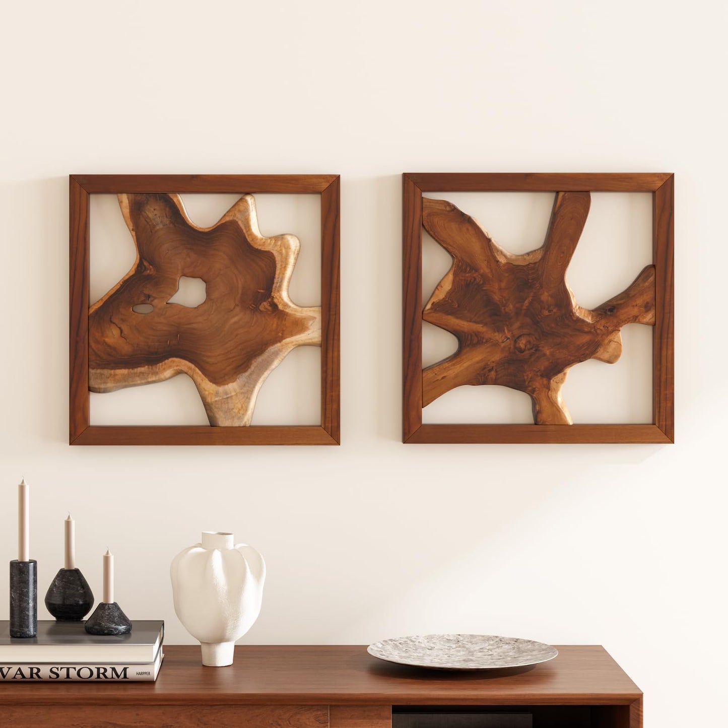 JOLLYMER 2 Pack Live Edge Teak Wood Wall Decor, Rustic Wooden Wall Art, Handcrafted Home Decoration for Living Room Bedroom Office, 17"x17"" Natural Frame"