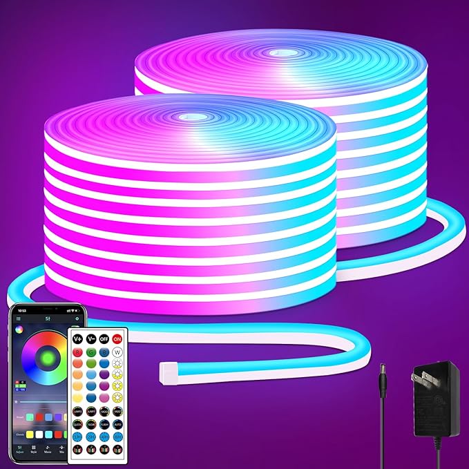 100FT RGB LED neon Rope Lights LED neon Lights with Remote/APP Control 24V IP65 Waterproof Flexible Neon LED Strip Lights for Bedroom Room Outdoors Decor（2 Rolls of 50ft）