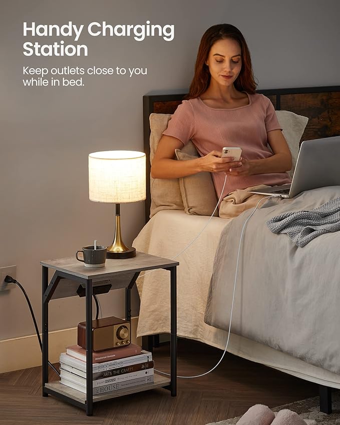 VASAGLE End Table with Charging Station, Small Side Table for Living Room, Bedroom, Nightstand with Outlets and USB Ports, Bedside Table with Storage Shelf, Heather Greige and Black