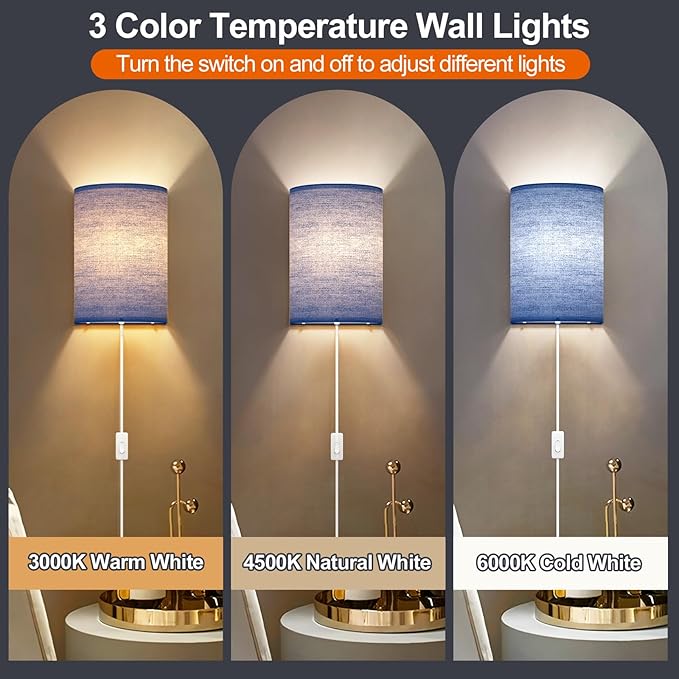 Plug in Wall Sconces Set of Two: Wall Lights with On/Off Switch - Stepless Color Temperature Wall Mount Lamps - Fabric Linen Wall Sconce for Bedroom Living Room & Hallway- Indoor Corded Wall Sconces