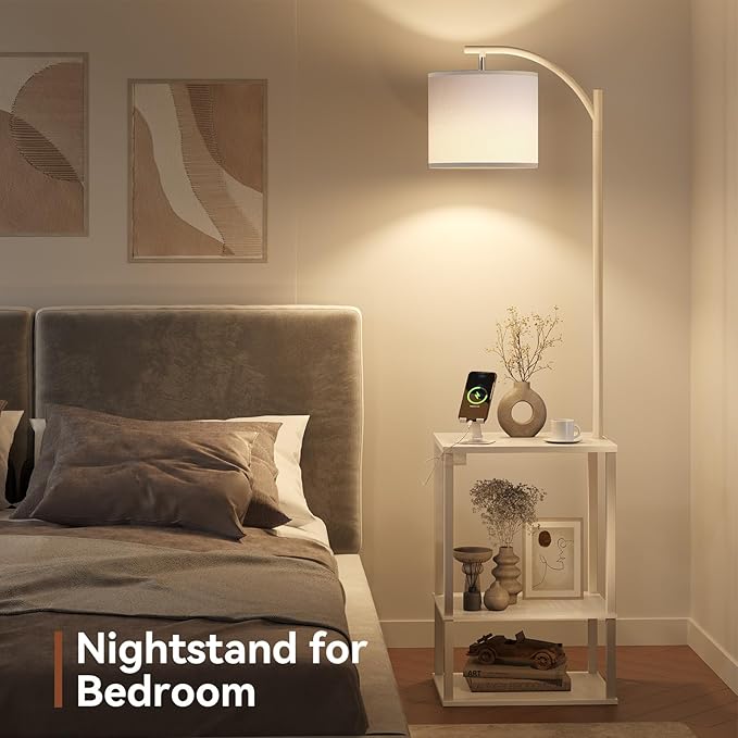 SUNMORY Floor Lamp with Table, End Table for Living Room with Lamp, Shelves Side Table with Charging Station(USB & AC Port), 3 Color Temperature LED Bulb, Modern Nightstand Lamp for Bedroom, Office