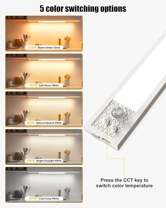 Under Cabinet Motion Sensor Lighting - 16 Inch Wireless Under Cabinet Lighting, Rechargeable with Magnetic Mount, 5CCT Adjustable for Kitchen/Hallway (White, 2-Pack)