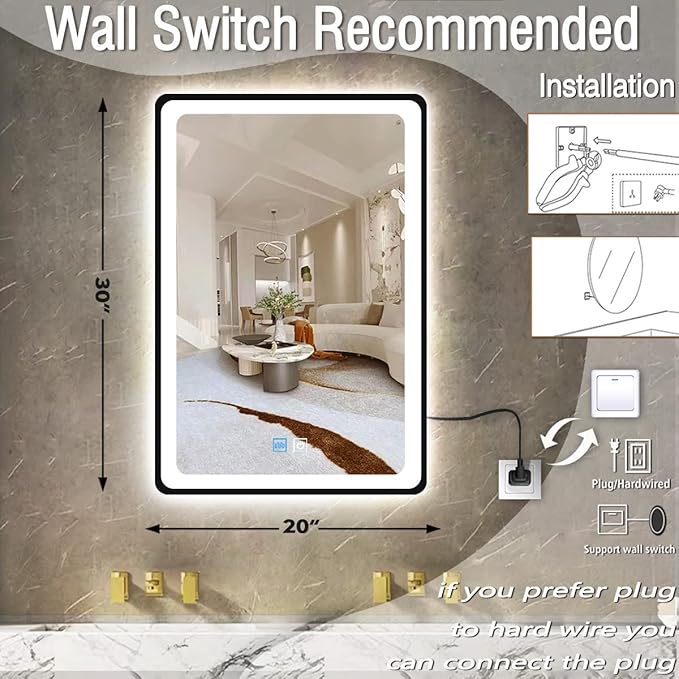 20 x 30 Inch Black Bathroom LED Mirror with Black Frame Lighted Vanity Mirror with Lights for Bathroom Wall 30in LED Mirror 3 Color Dimmable Anti Fog 30" Framed Bathroom Smart Light up Mirror