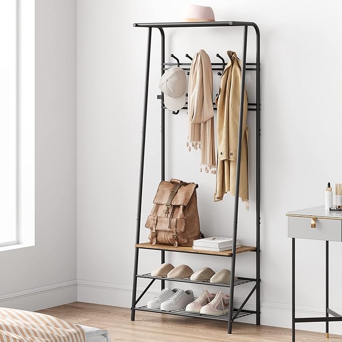 Coat Rack, 4-in-1 Hall Tree, Entryway Shoe Bench Coat Standwith Metal Frame, 3-Tier Shelf and 10 Hooks for Entryway,Hallway, Bedroom