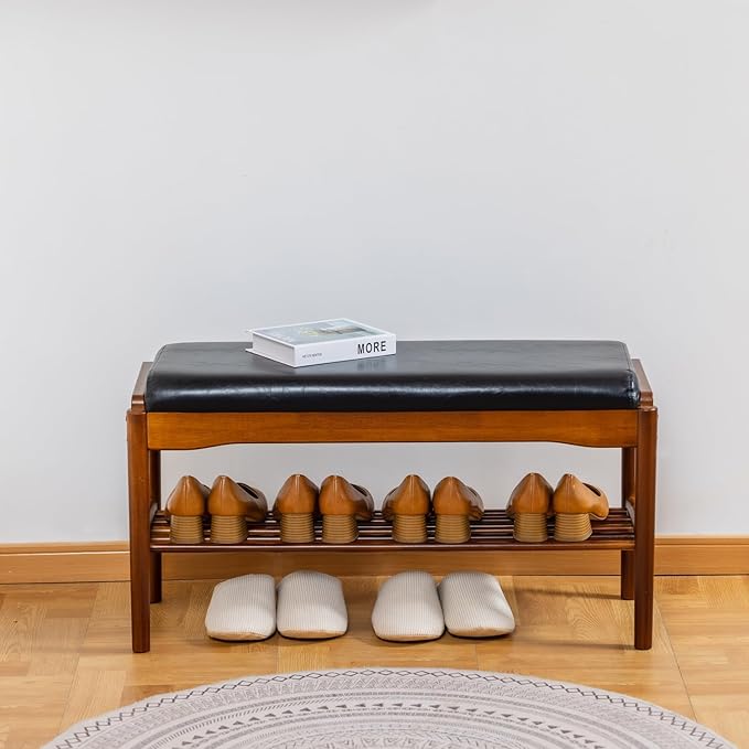 Shoe Bench, Entryway Bench, Wood 2-Tier Shoe Rack with Cushion Padded Seat Shoe Organizer (31.5",Black)