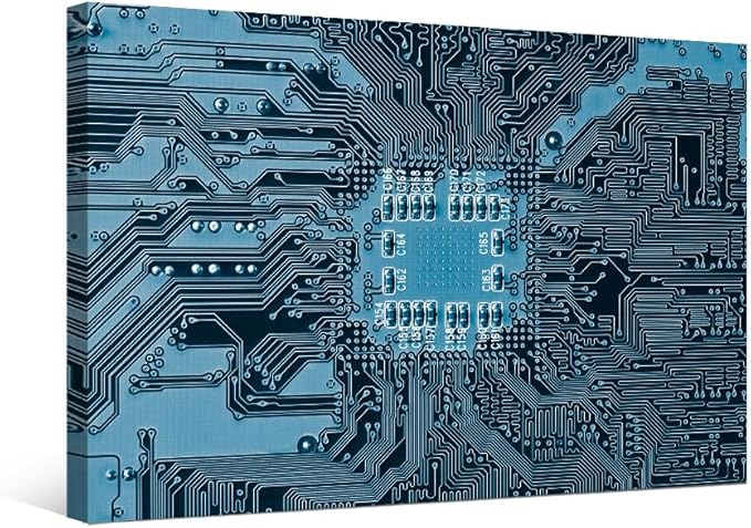 Technology Digital Wall Art CPU Concept Abstract Picture for Bedroom Blue Electronic Circuit Artwork Print On Canvas Electronic Board Bedroom Wall Art for Living Room Framed Ready to Hang 20X28 INCH